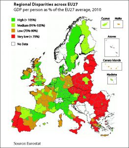 Regional disparities across EU27 (GDP/person as a % of EU average by NUTS 2 regions, 2010)