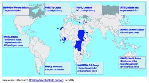 UN missions in 2012 with Chinese troop contributions