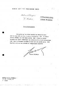Telegram sent by Pierre Pflimlin, President of EP, to Altiero Spinelli's wife after his death, Historical Archives PE2 P1 322/MEPS MEPS-1984-020 0020
