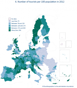 Number of tourists per 100 population in 2012