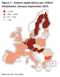 Asylum applications per million inhabitants, January-September 2015