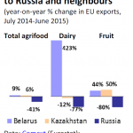 EU agrifood exports to Russia and neighbourgs (year-on-year % change in EU exports, July 2014-June 2015)