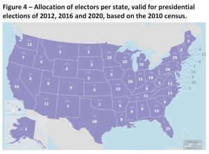 Allocation of electors per state, valid for presidential elections of 2012, 2016 and 2020, based on the 2010 census