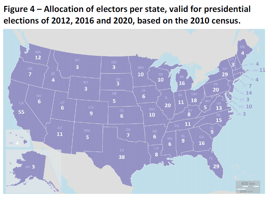 Allocation of electors per state, valid for presidential elections of 2012, 2016 and 2020, based on the 2010 census