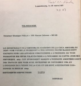 Telegram from secretary general of the Parliamentary assembly Frits de Nérée tot Babberich to Giuseppe Pella
