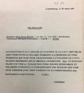 Telegram from secretary general of the Parliamentary assembly Frits de Nérée tot Babberich to Paul-Henri Spaak