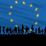 Silhouette of a group of refugees walking with flag of Europe as a background