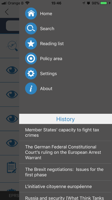 New EPRS app - menu