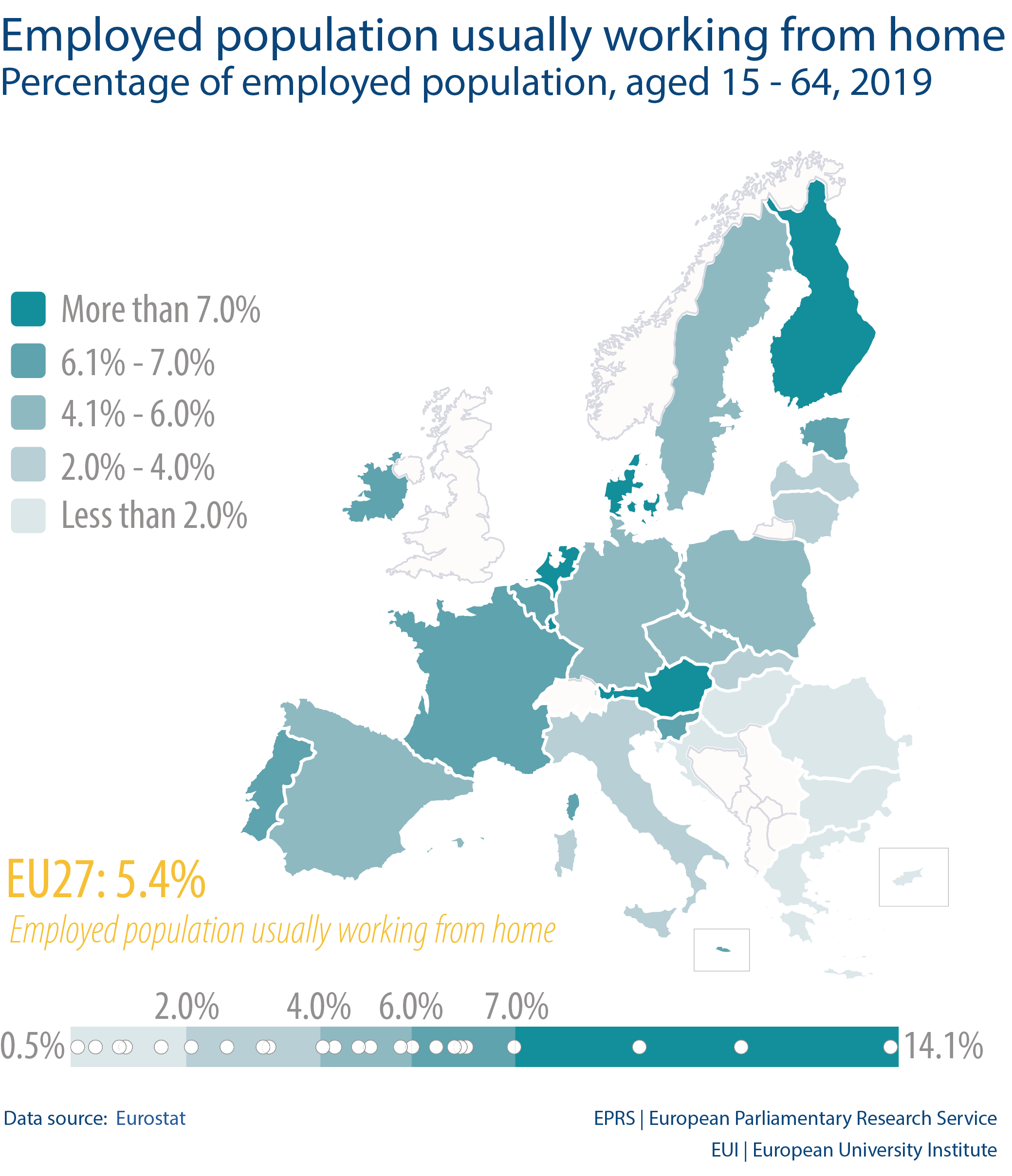 Percentage of employed population, aged 15 - 64, 2019